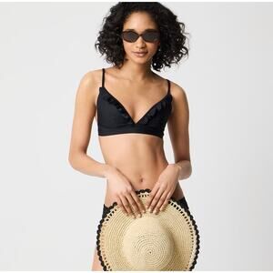 J.Crew Ruffle French Bikini Top WMNS M Black Adjustable Strap Back Closure Lined